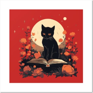 Floral Black Cat And Book Catshirt Posters and Art